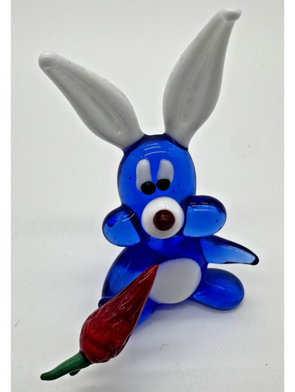 Vintage Murano Style Art Glass Blue Bunny Rabbit w Carrot 3.5" Handmade